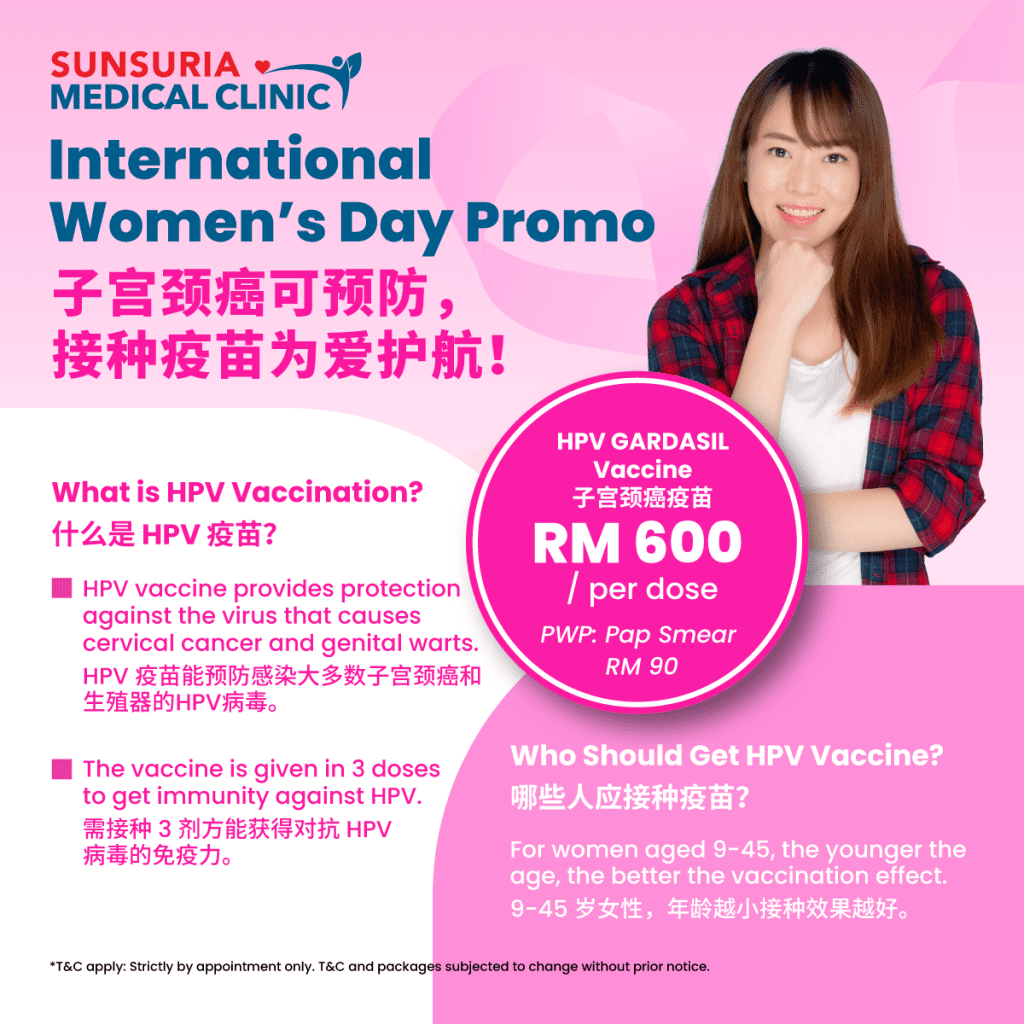 IWD Promo HPV Vaccination for Cervical Cancer Prevention Sunsuria Medical Clinic - Affordable Clinic for Health Screening & X-ray in Sepang, Nilai
